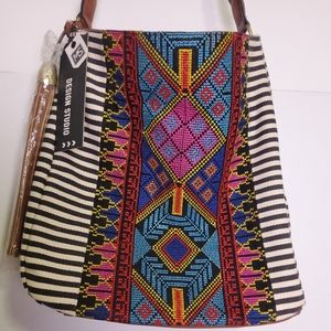 Tote with Crossbody Strap Jen&CO cotton blend Woven purse leather Trim.